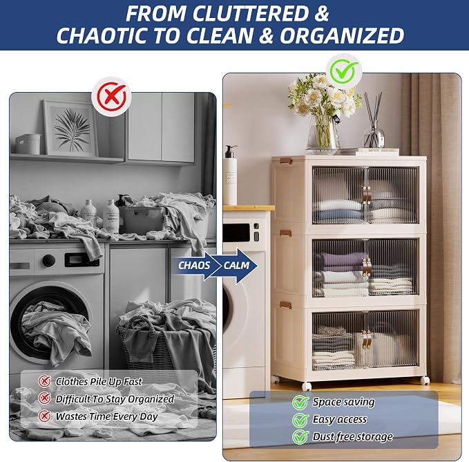 SAILUN 348Qt Stackable Storage Bins,Storage Cabinet a Lid,3Pack Blush White | Stackable Storage Drawers with Lids,26" W x 17" D x 43.7" H,Featuring open-front Access for Clothes and Closet Storage