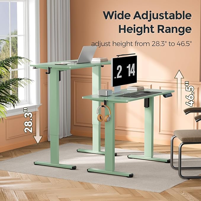 Small Standing Desk, 35" ×20" Electric Standing Table, Height Adjustable Compact Sit Stand Workstation with Splice Board, Home Office Desk with 2 Hooks, Sage Green