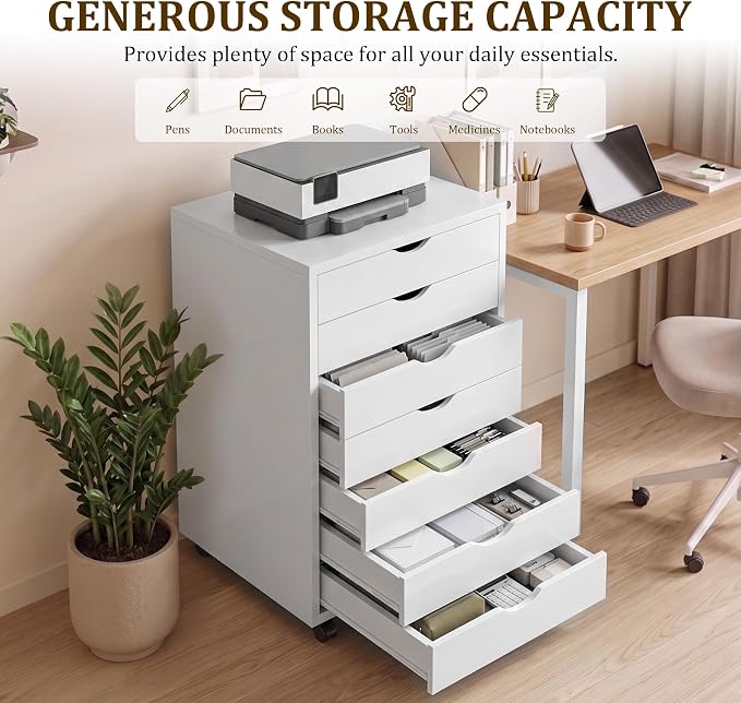 7 Drawer Mobile File Cabinet with Wheels, Office Storage Drawers, White | 7 Drawers Mobile File Cabinet with Wheels for Office Storage, Under Desk Organization and Printer Stand