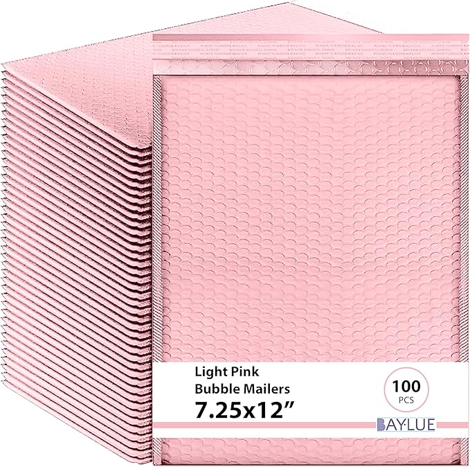 Light Pink 7.25x12 Inch Poly Bubble Mailers #1 | Self Seal Padded Envelopes | Air Cushioned Bubble Mailer | Usable Size 7.25x11 Inch | 100 Pack Bulk | Waterproof | Lightweight Mailing Shipping Bags