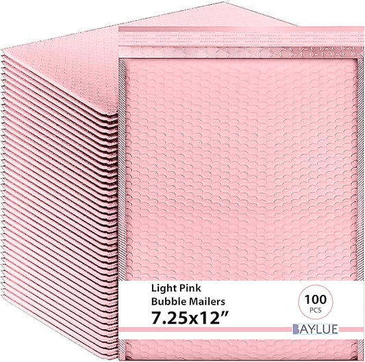 Light Pink 7.25x12 Inch Poly Bubble Mailers #1 | Self Seal Padded Envelopes | Air Cushioned Bubble Mailer | Usable Size 7.25x11 Inch | 100 Pack Bulk | Waterproof | Lightweight Mailing Shipping Bags