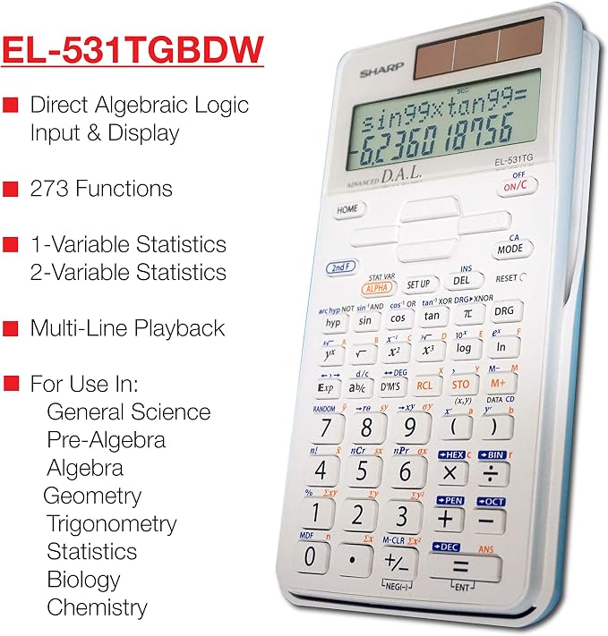 Sharp EL-531TGBDW 12-Digit Engineering/Scientific Calculator with Protective Hard Cover, Battery and Solar Hybrid Powered LCD Display, Great for Students and Professionals, Silver