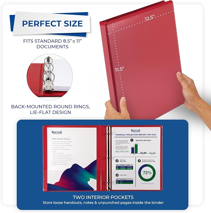 Samsill 0.5 Inch 3 Ring Binders, Economy Round Ring, Clear View Cover, 100 Sheet Capacity - for School, Home, Office - Red, 12 Pack