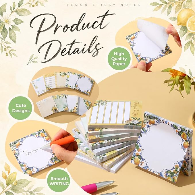 9 Pads Lemon Sticky Notes, 3x3 Inch Cute Stick Notepads | Adhesive Memo Notes Pad, Coworker Gifts, Office Supplies Decor, Desk Accessories for Students, Teacher, Meeting