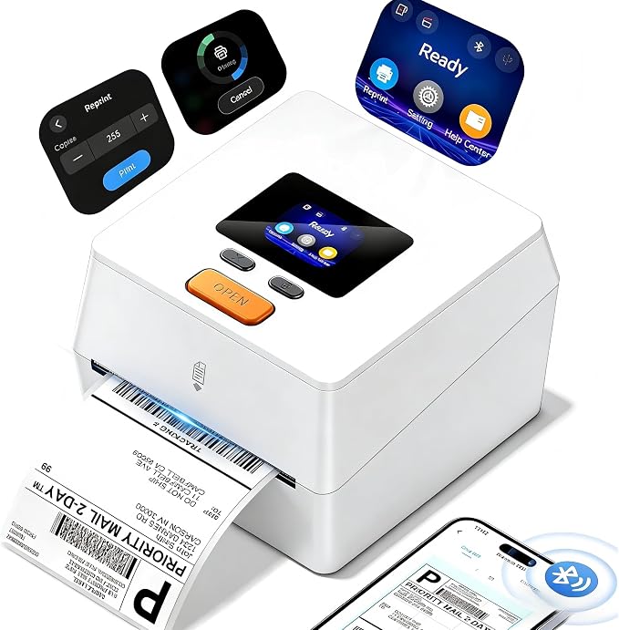 Phomemo Thermal Label Printer with Touchable Screen, 4x6 Bluetooth Shipping Label Printer with Built-in Label Holder, D420D White Thermal Printers for Small Business, Compatible with USPS, Tiktok