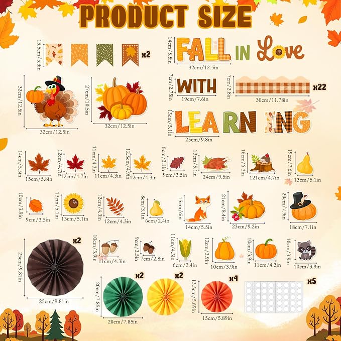79 Pcs Fall Bulletin Board Decorations with 3D Paper Fans | Autumn Thanksgiving Classroom Bulletin Board Maple Leave Pumpkin Turkey Sunflower Paper Cutouts Office Wall Door Decorations