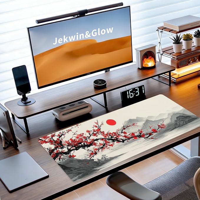 Japanese Large Gaming Mouse Pad, Desk Mat, XL Extended Mousepad with Non-Slip Rubber Base, Big Computer Keyboard Mat for Gamers, Office&Home, 31.5x11.8in, Plum Blossom