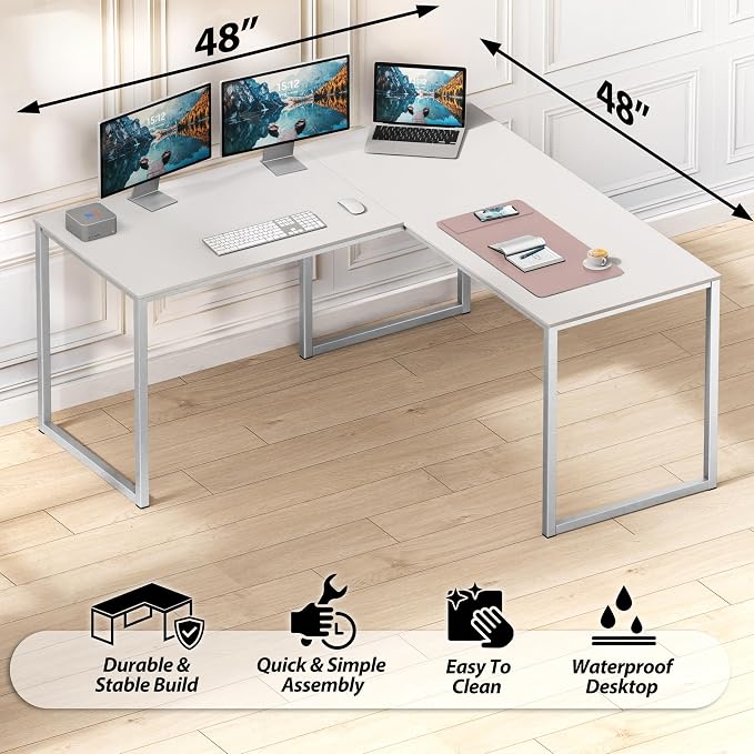 SHW Mission 48 x 48 L-Shape Home Office Computer Desk, White | Reversible Desktop Design