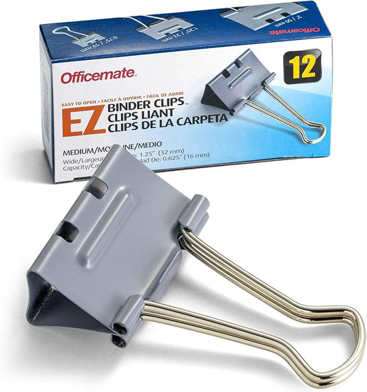 Officemate EZ Binder Clips, Medium Size, 12/Box, Gray (99250)