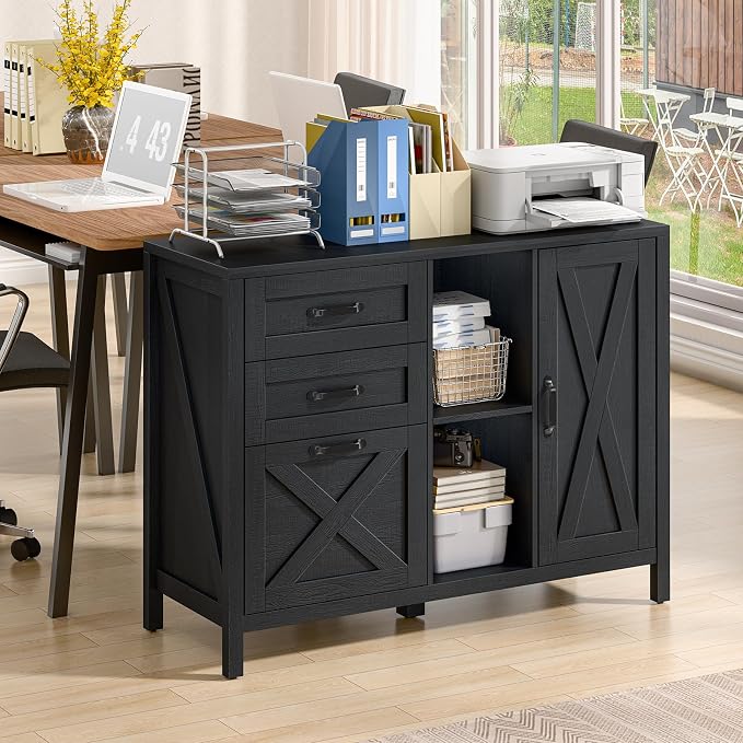 Befrases Farmhouse Lateral Filing Cabinet, Lateral File Cabinet with 3 Drawers and Cabinet, Large Printer Stand with File Drawer for Letter/A4 Size Hanging Files for Home Office, Rustic Black