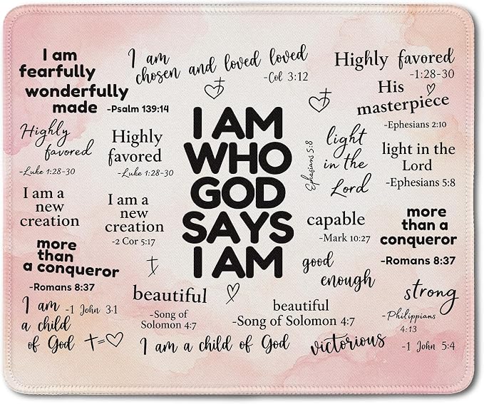 God Says I Am Christian Mouse Pad 9.5x7.9 Inch (Pink),J250 | Pink floral God Says I Am Bible verse mousepad for office dorm computers, Christian desk decor and faith gifts for women