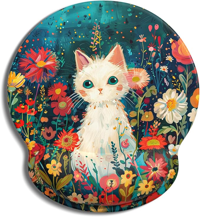 Auhoahsil Ergonomic Mouse Pad with Wrist Rest, Comfortable Silicone Non-Slip Computer Pain Relief Gel Mouse Mat with Wrist Support for Gaming, Work, Office, Women & Men, Cute Pattern, Cat Flowers