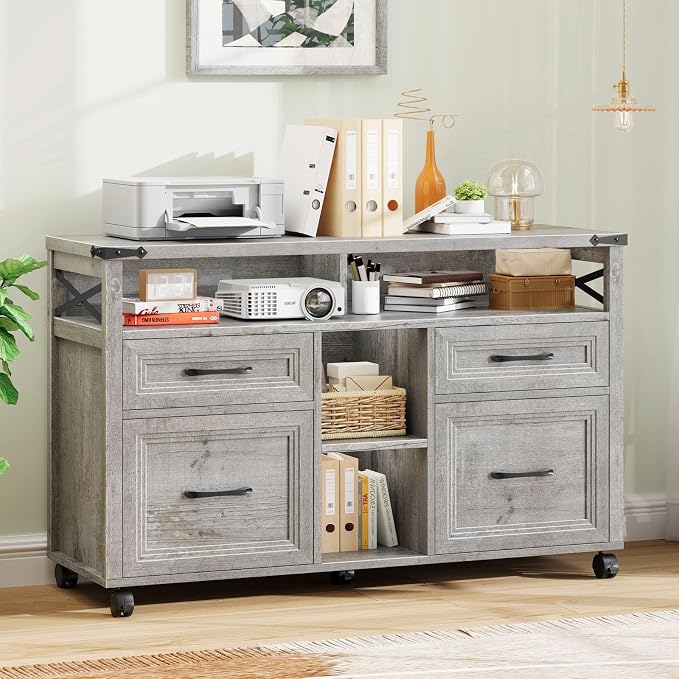 Halitaa Farmhouse Filing Cabinet with Adjustable Shelf & Wheels, Grey | Lateral File Cabinets, Office Storage Cabinet with 4 Drawers, Open Storage Space, for Hanging Files A4/Letter for Home Office