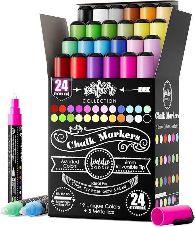 Loddie Doddie Chalk Markers - Pack of 24, 6mm Reversible Tips - Liquid Chalk Pens for Glass & Windows - Dry Erase Chalkboard Markers for Blackboard & Calendars - Non-Toxic Pens for Art & Decor