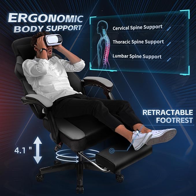 Gaming Chairs for Adults, Computer Chair with Footrest and High Back, Big and Tall Gamer Chair's with Massage Lumbar Support, 360° Swivel Height Adjustable Gaming Chair, Grey