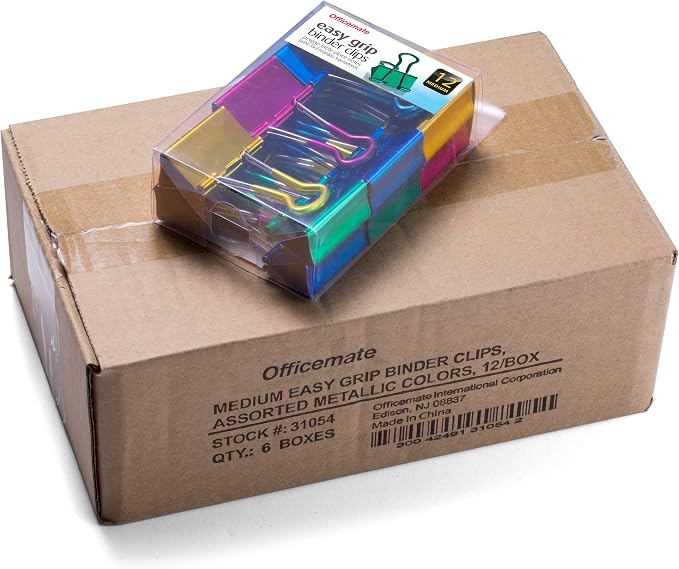 Officemate 31054 Easy Grip Medium Binder Clips, 6 packs of 12 clips each, assorted metallic colors.