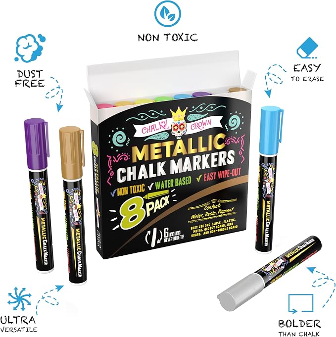 CHALKY CROWN Metallic Liquid Chalk Markers - Chalkboard Markers - 8 Pack,6mm