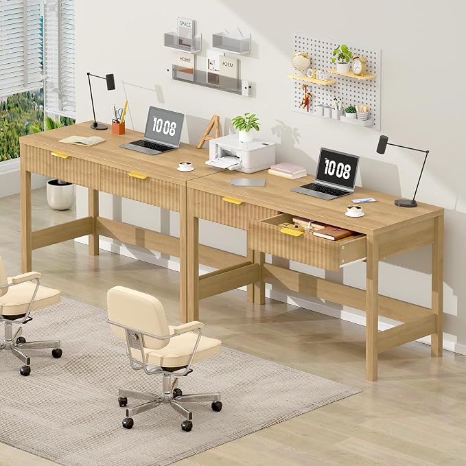 47 Inch Small Fluted Computer Desk with 2 Drawers for Bedroom, Home Office | Small Computer Desk with Storage, Compact Writing Study Desk for Small Spaces, Oak