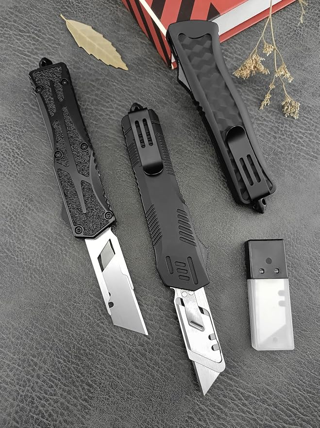Folding Utility Knife, Zinc Alloy Handle Heavy Duty Safety Box Cutter, EDC Utility Knife with Extra 10PC Blades, Ideal for Home Tools, Office and Outdoors (Striped Handle)