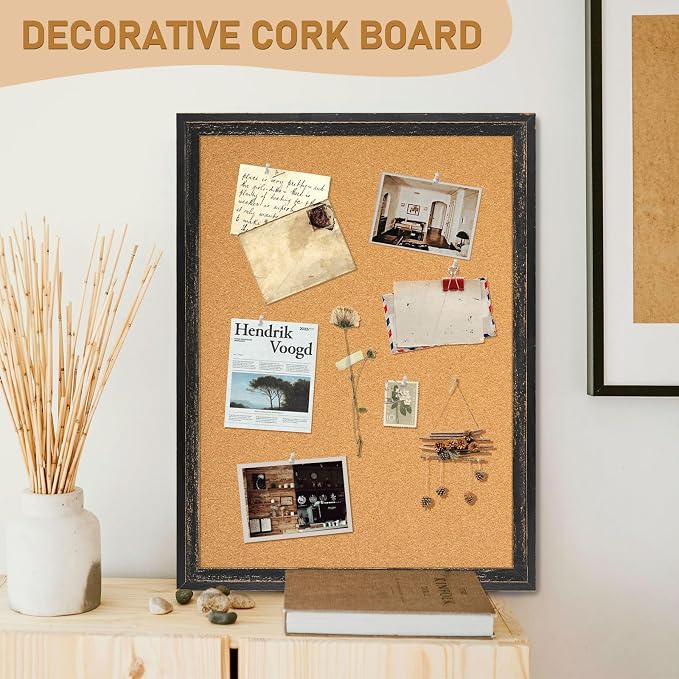 DOLLAR BOSS Cork Board, 48" X 36" Rustic Framed Bulletin Board, Black | Decorative Pin Board, Wall Hanging Notice Board, For Office & Home Decor Memo Display, With Pins