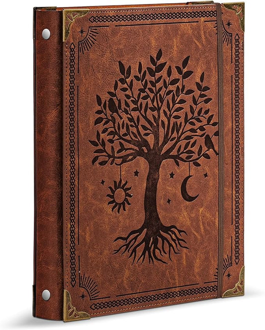 Leather 3 Ring Binder Fits 8.5"x11" Letter Size Paper, 1 Inch Round Ring Binder Holds 200 Sheets, Notepad Paper Cover Loose Leaf Organizer, Brown Tree