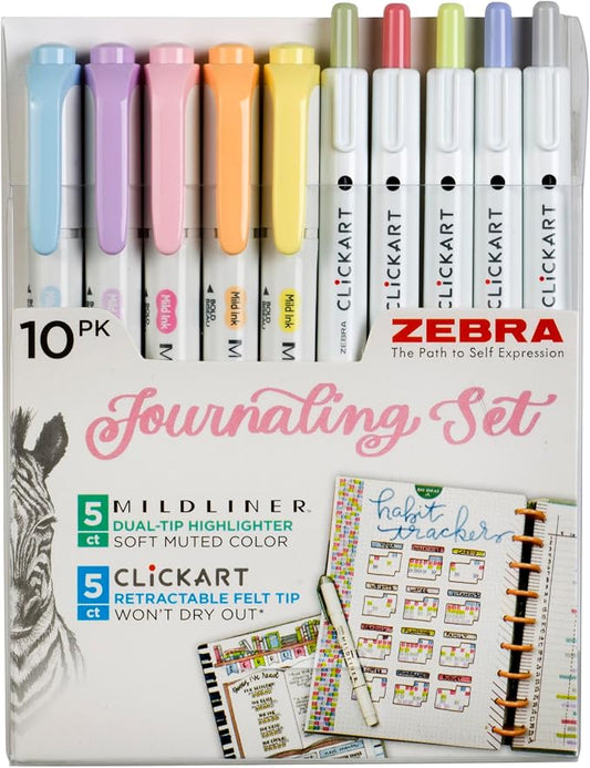 Zebra Pen Journaling Set, MILDLINER & CLiCKART, Assorted Colors, 10-Pack | Includes 5 MILDLINER Highlighters & 5 CLiCKART Felt Tip Pens, Ideal for Bible Study, Note-Taking & Bullet Journaling (14010)