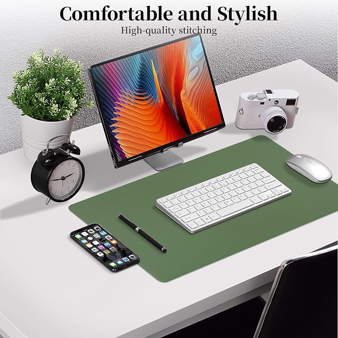 Green Leather Desk Pad Large Mouse Pad, 23.6"x13.8" | Waterproof Desk Mat for Keyboard and Mouse, Non-Slip Computer Desk Protector, Smooth Mouse Control for Home Office