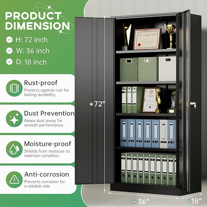 72-Inch Metal Storage Cabinet for Garage, Lockable Steel Cabinet with Doors and Adjustable Shelves, Black Locking Storage Unit for Office, Home, Gym, and School.
