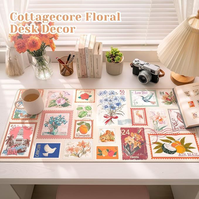 iCasso Vintage Floral Desk Mat, XXL Collage Mouse Pad,Beige | Anti-Slip Big Mousepad with Stitched Edges for Aesthetic Office Decor,Cute Desk Decor Accessories