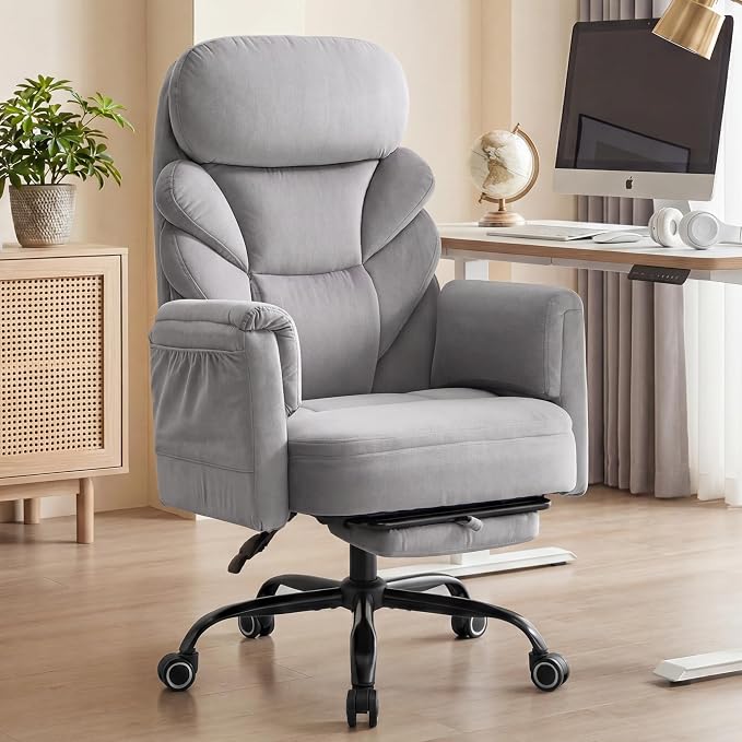 Big and Tall Office Chair, Reclining High Back Criss Cross Desk Chair | Footrest, Foldable Arms, Soft Wide Pet Seat, Thick Padded, Cross Legged Home Office Large Ergonomic Computer Chair