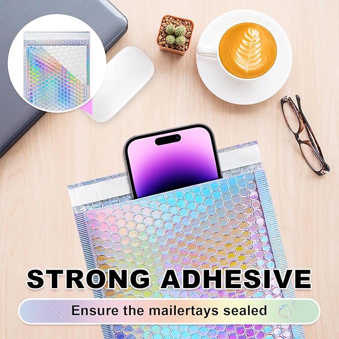 Bubble Mailers, 50 Pack Holographic Bubble Mailers with 3 Sizes, Waterproof Self Seal Adhesive Foil Glitter Glamour Shipping Bags for Mailing, Packing, Small Business, Jewelry Makeup Supplies