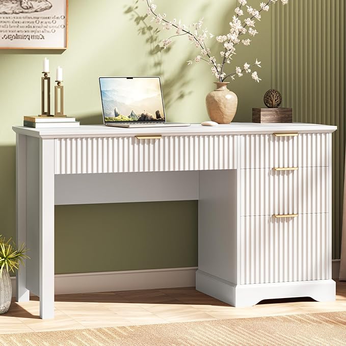 Vabches Fluted Executive Desk with Drawers, Wood Computer Desk with Ample File Drawer, Home Office Desk with Storage for Study, Bedroom, Living Room, White