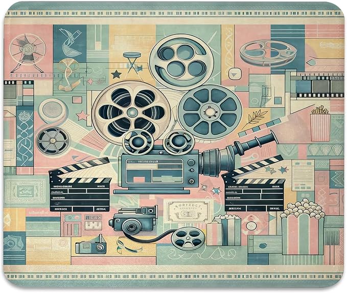 Retro Camera Movie Wheels and Clapperboard Mouse Pad, Durable Desk Mat | Cinema Lover Cinephile Artwork Design, Cute Mousepad Stitched, Anti-Slip Base Smooth Surface, 9.5 x 7.9 Inches