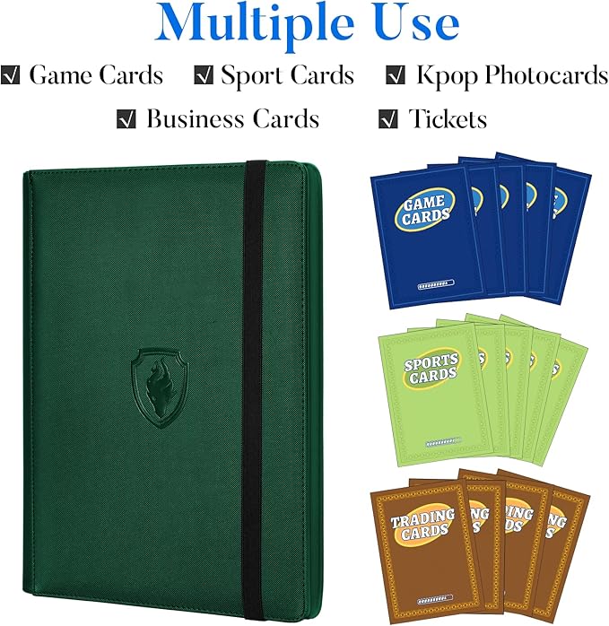 Premium 9 Pocket Card Binder for 540 Cards, Fabmaker PU Cover Trading Card Binder, Sturdy Card Collection Album, Sleek Card Holder Folders for Game Cards & Sports Cards, Dark Green