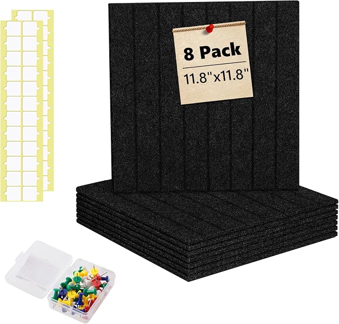 Bulletin Board 47" X 24" Cork Boards for Wall Alternative 8 Pack Black Fine-Stripe Felt Bulletin Board 48 Safe Adhesive 35 Push Pins for Office School Home Room Decor