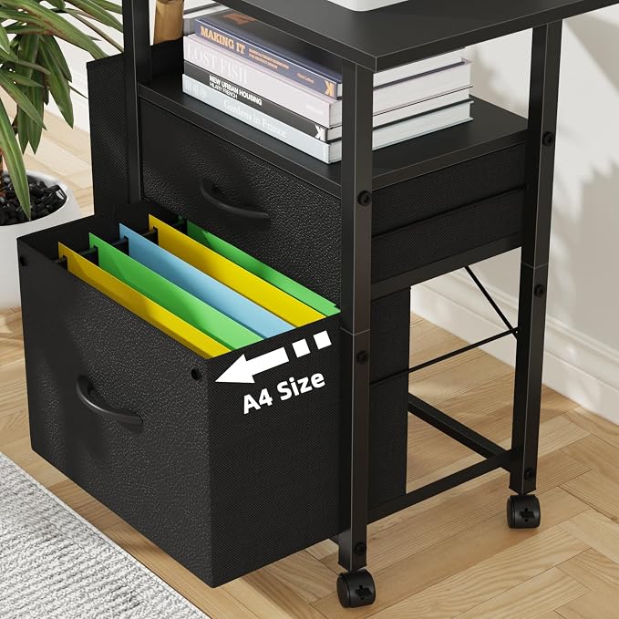 GYIIYUO 2 Drawer File Cabinet 24''W, Mobile Filing Cabinet, Printer Stand | 24'' Extended Desktop, Rolling, Side Bag, Fits A4/Letter Size, Home Office, Fabric Drawer, Black