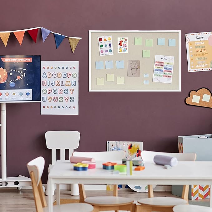 Cork Board with Linen White,Bulletin Board 36"x24" Hanging Corkboards for Office Home School Message Board or Vision Board Decoration.