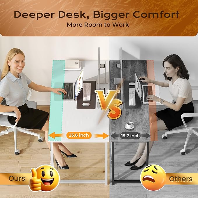 55 X 24 Inch Computer Desk with Deeper Desktop, Gaming Office Writing Work Desk for Home Office, Study, Bedroom, Work from Home, Metal Frame, White