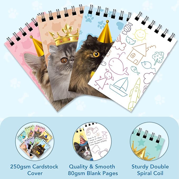 Decorably 24 Pack Spiral Cat Party Favors for Kids - 12 Kitty Designs 2.4x4in Mini Notepads, Spring-Bound with 20 Sheets - Gifts for Birthday, Baby Shower, Children's Party, School
