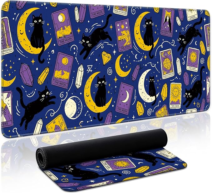 Aesthetic Desk Mat, Cute Mystic Cat Desk Pad Protector for Work & Decor, 31.5" x 11.8", Pretty Non-Slip Extended Mouse Pad for Office or Home