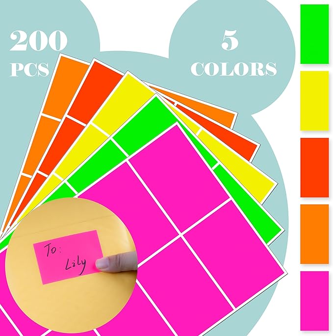 Colored Labels Stickers 3 x 2 Inch 5 Fluorescent Color Moving Labels Rectangular Color-Coding Label - 200 Labels