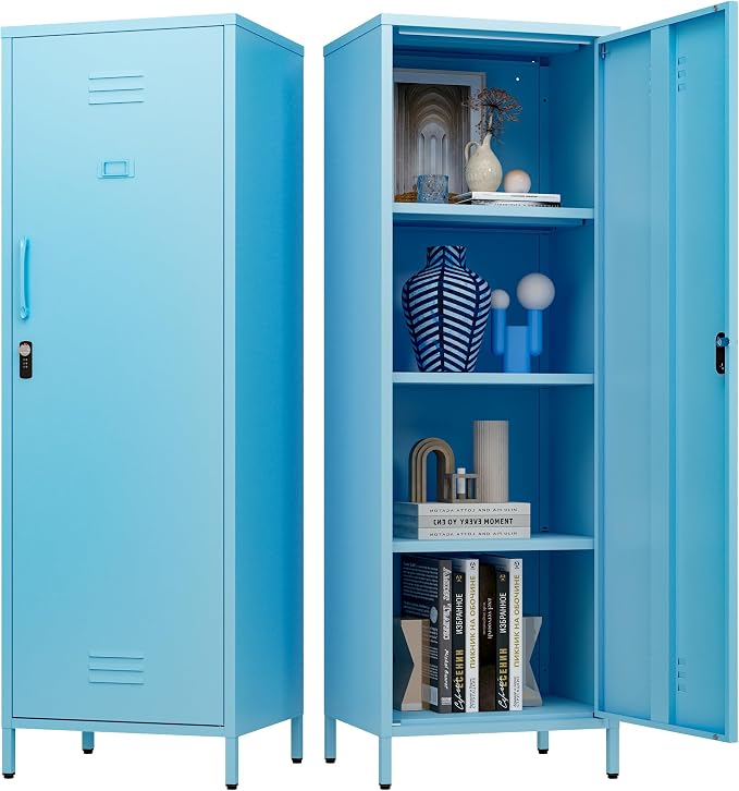 Metal Locker Storage Cabinets 59.06"H Sky Blue Locking File Cabinets Kitchen Food Pantry Cabinet with 2 Doors and Shelves for Dining Room, Living Room,Bathroom Office,Home,Garage, Gym, School