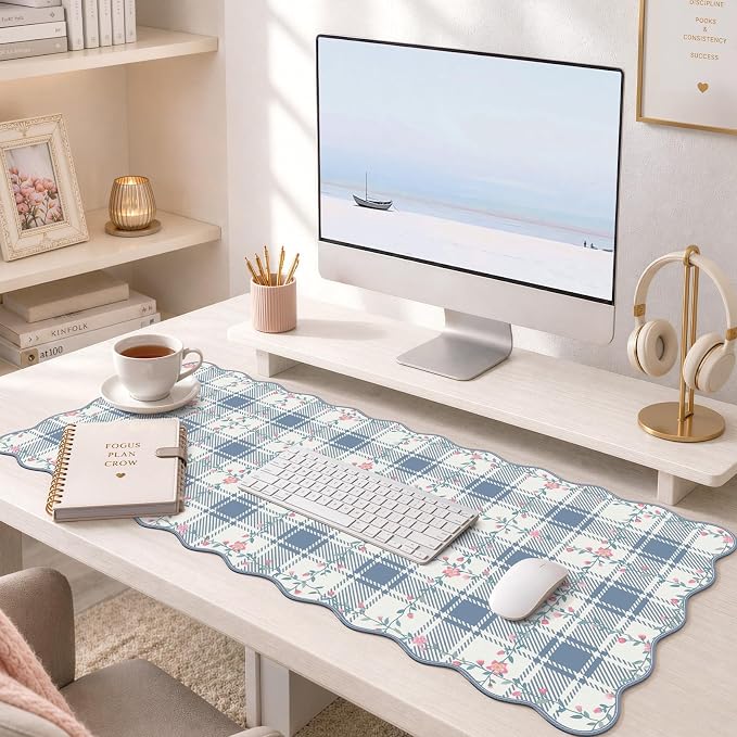 iCasso Light Blue Mousepad 35.4"x15.7", Keyboard Pad for Workspace | Cubicle Floral Desk Pad Featuring Stitched Edges, Kawaii Scalloped Mousepad for School Workspace Computer Setup