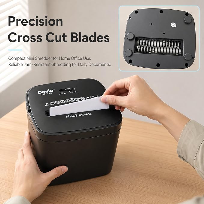 OVO-408S Mini Home Office Cross Cut Shredder, 3-Sheet Folded, 4L Bin | 4×28mm cross cut, jam reverse, 2m/min speed, <65dB quiet, 4min/60min cycle, shreds receipts, envelopes, home office privacy