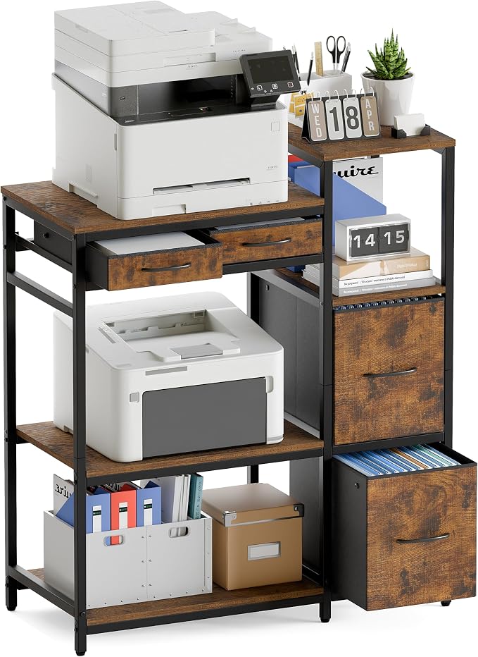 JUSTOGO Printer Stand with 4 Drawer, Extra Large File Cabinet | Extended Shelf for Large Printer, Holds 2 Large Printer, 5 Tier Open Storage, Filing Cabinet for Home Office, Printer Table