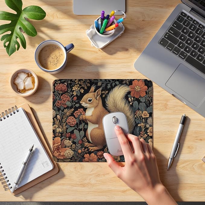 Vintage Moody Floral Squirrel Mouse Pad, Squirrel Lovers Gifts, Dark Cottagecore Forest Animal Mouse Pads Mousepad for Home Office Dorm Computers Laptop Supplies Desk Accessories, 9.5x7.9 Inch