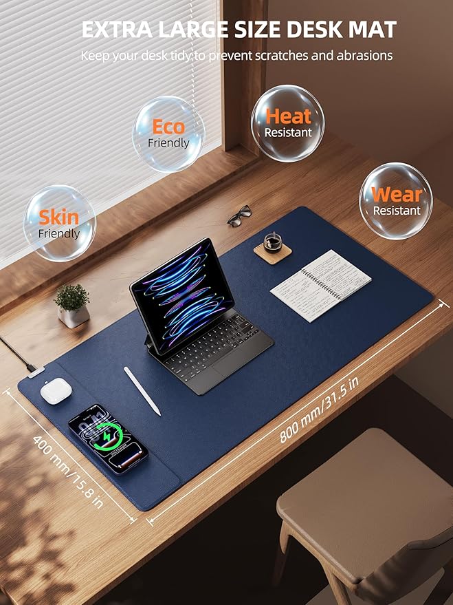TopMade Mouse Pad with 15W Wireless Charging, XXL Large Leather Desk Mat, Waterproof Gaming Mousepad Home Office Desk Pad Protector, Computer Keyboard Pad, Mouse Mat for MacBook, PC, Laptop, Blue
