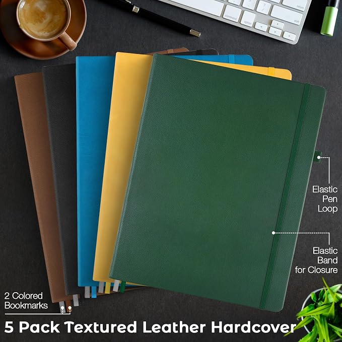 College Ruled Notebook, Large A4 Hardcover Leather Journal for Women Men | 5 Pack Lined Journal Notebook for Work School, No Bleed Thick Paper, Lay Flat, 8.5" x 11", Professional Business Notebook