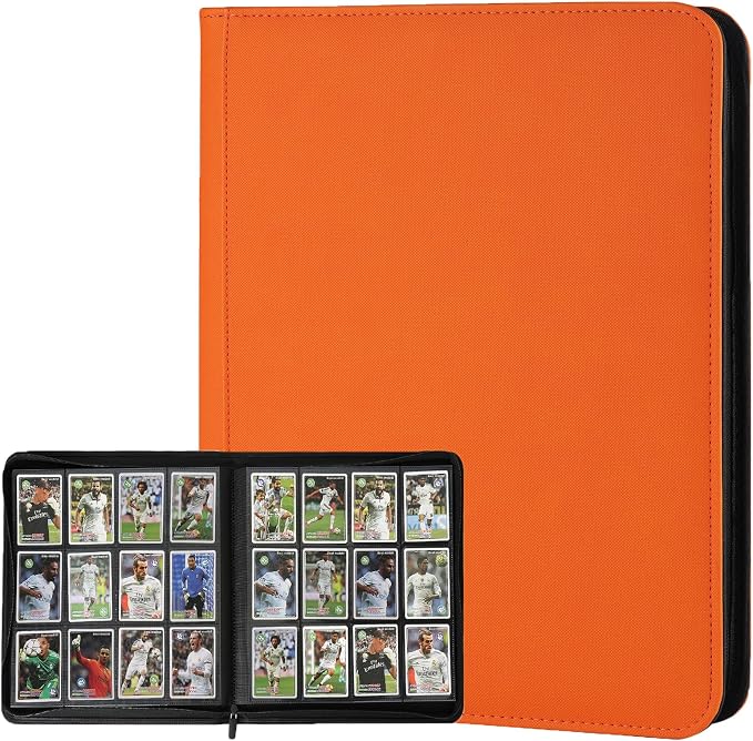 12 Pocket Ringless Side Loading Trading Card Binder, 720 Cards PU Fixed Page Zipper Card Album for TCG Sports Game Cards, Not Fit Top Loaders (Orange)