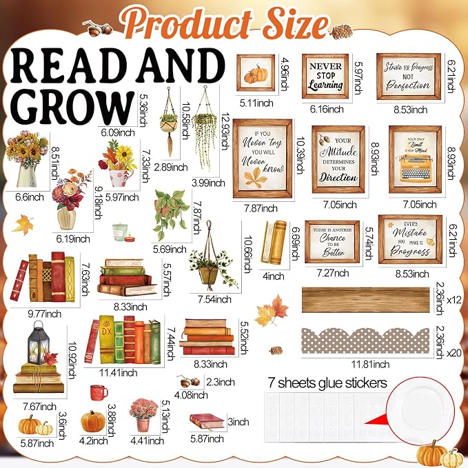 Qilery Bookshelf Bulletin Board Read and Grow Motivational Classroom Decor | Reading Library Bulletin Board Set Inspirational Cutout for Back to School Classroom Decoration